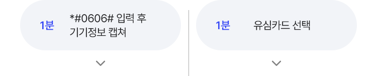 eSIM : 1분, *#06# 입력 후 기기정보 캡쳐, USIM : 1분, 유심카드 선택