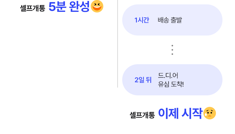 eSIM : 셀프개통  5분 완성, USIM : 1시간, 배송 출발, 2일 뒤, 드디어 유심 도착! 셀프개통 이제 시작