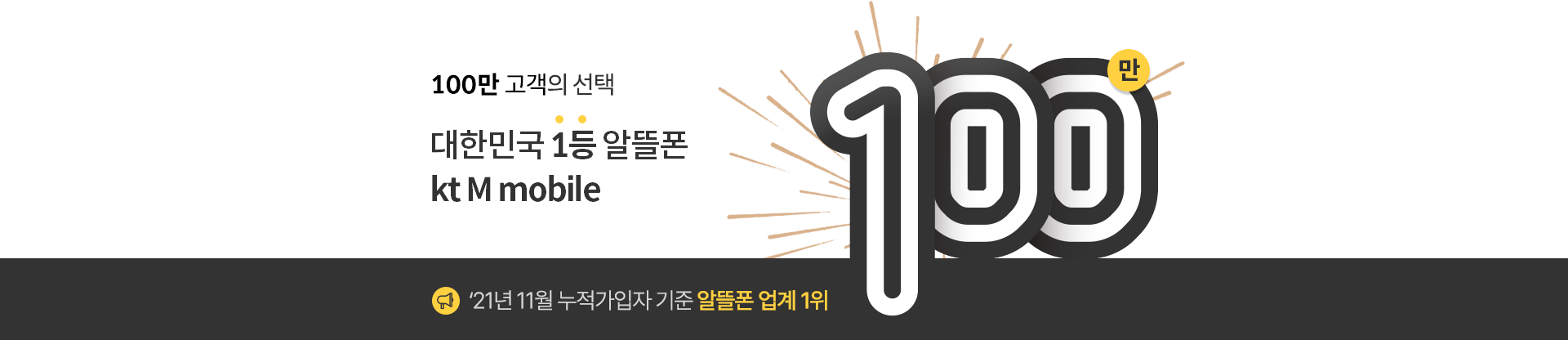 100만 고객의 선택 대한민국 1등 알뜰폰 kt M mobile ‘21년 11월 누적가입자 기준 알뜰폰 업계 1위