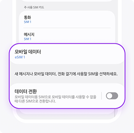 모바일 데이터를 eSIM 회선으로 설정하고 데이터 전환을 꺼주세요.
