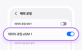[설정 > 연결 > 해외 로밍]에서 eSIM회선의 데이터 로밍을 켜주세요.
