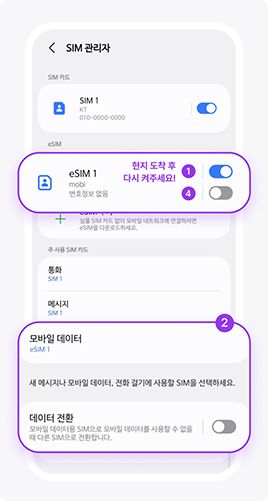 개통체크 가이드를 따라 eSIM 회선을 켜고, 모바일 데이터를 설정해 주세요