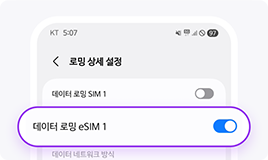 [설정 > 연결 > 해외로밍]에서 해당 eSIM 데이터 로밍 ON  상태인지 확인해 주세요! *해당 메뉴가 없을 경우 [설정 > T로밍 > 로밍 상세 설정]에서 확인 