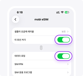 [설정 > 셀룰러]에서 확인해 주세요. 1.기본 설정 확인 2.모바일 데이터·데이터 로밍이 ON 인지 3.다른 USIM/eSIM이 데이터 회선으로 잡혀있지 않은지