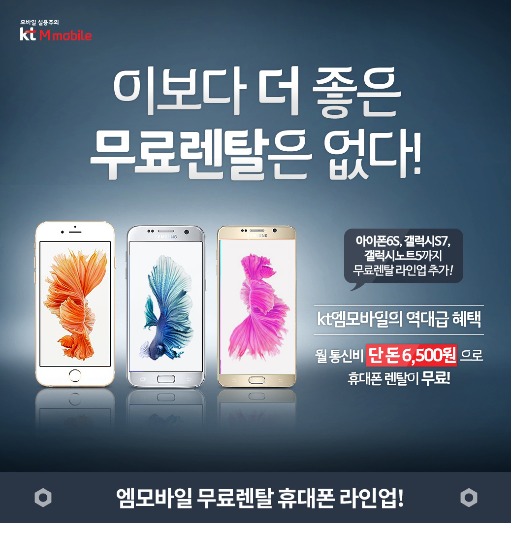 모바일 실용주의 kt 엠모바일
아이폰6s, 갤럭시S7, 갤럭시노트5까지 무료렌탈 라인업 추가!
kt엠모바일의 역대급 혜택
월 통신비 단 돈 6,500원으로 휴대폰 렌탈이 무료!
엠모바일 무료렌탈 휴대폰 라인업!