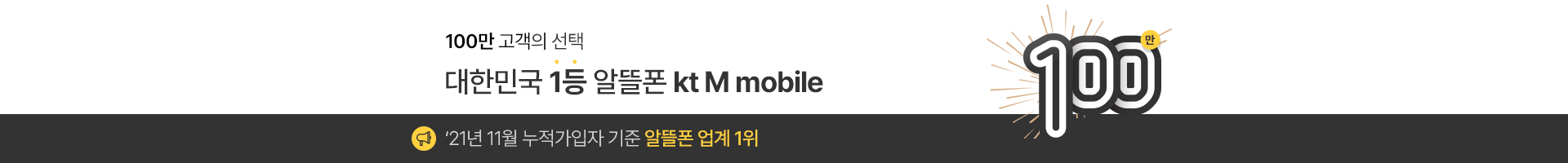 100만 고객의 선택 대한민국 1등 알뜰폰 kt M mobile ‘21년 11월 누적가입자 기준 알뜰폰 업계 1위