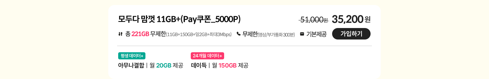 모두다 맘껏 11GB+(Pay쿠폰_5000P) 가입하기