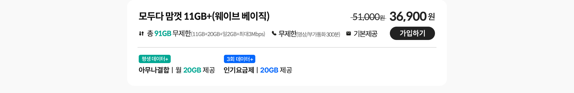 모두다 맘껏 11GB+(웨이브 베이직) 가입하기