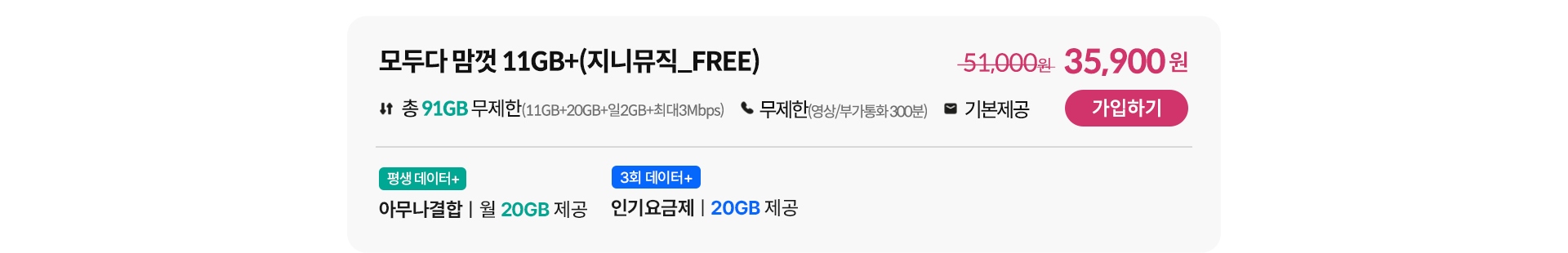 모두다 맘껏 11GB+(지니뮤직_FREE) 가입하기