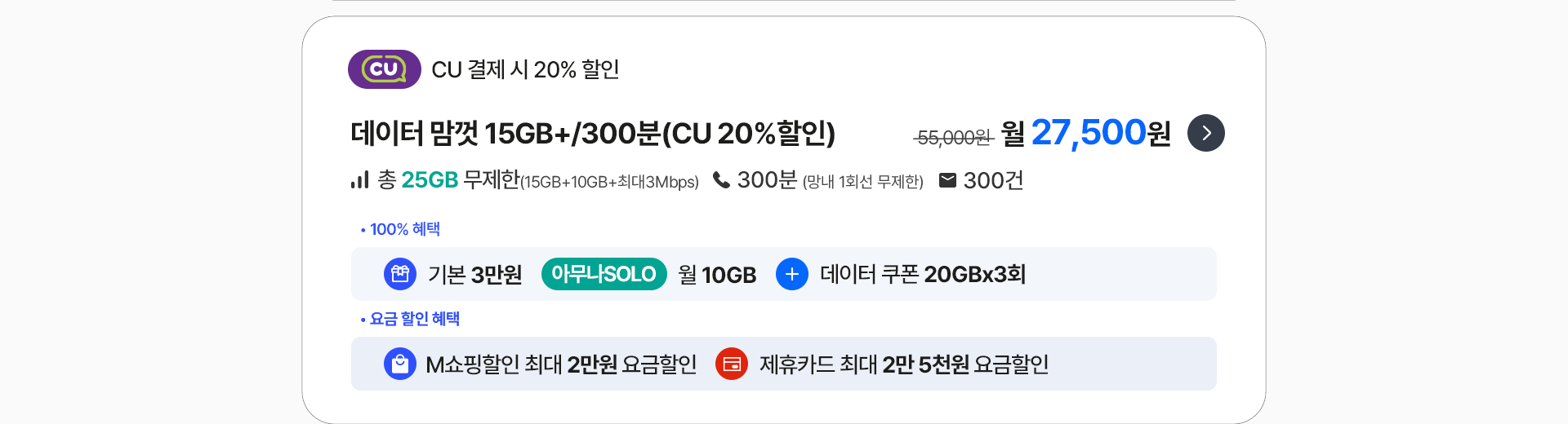 데이터 맘껏 15GB+/300분(CU 20%할인)